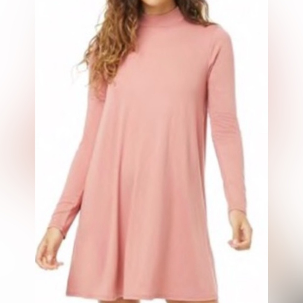 Elegant light pink long-sleeve mock-neck velour dress.